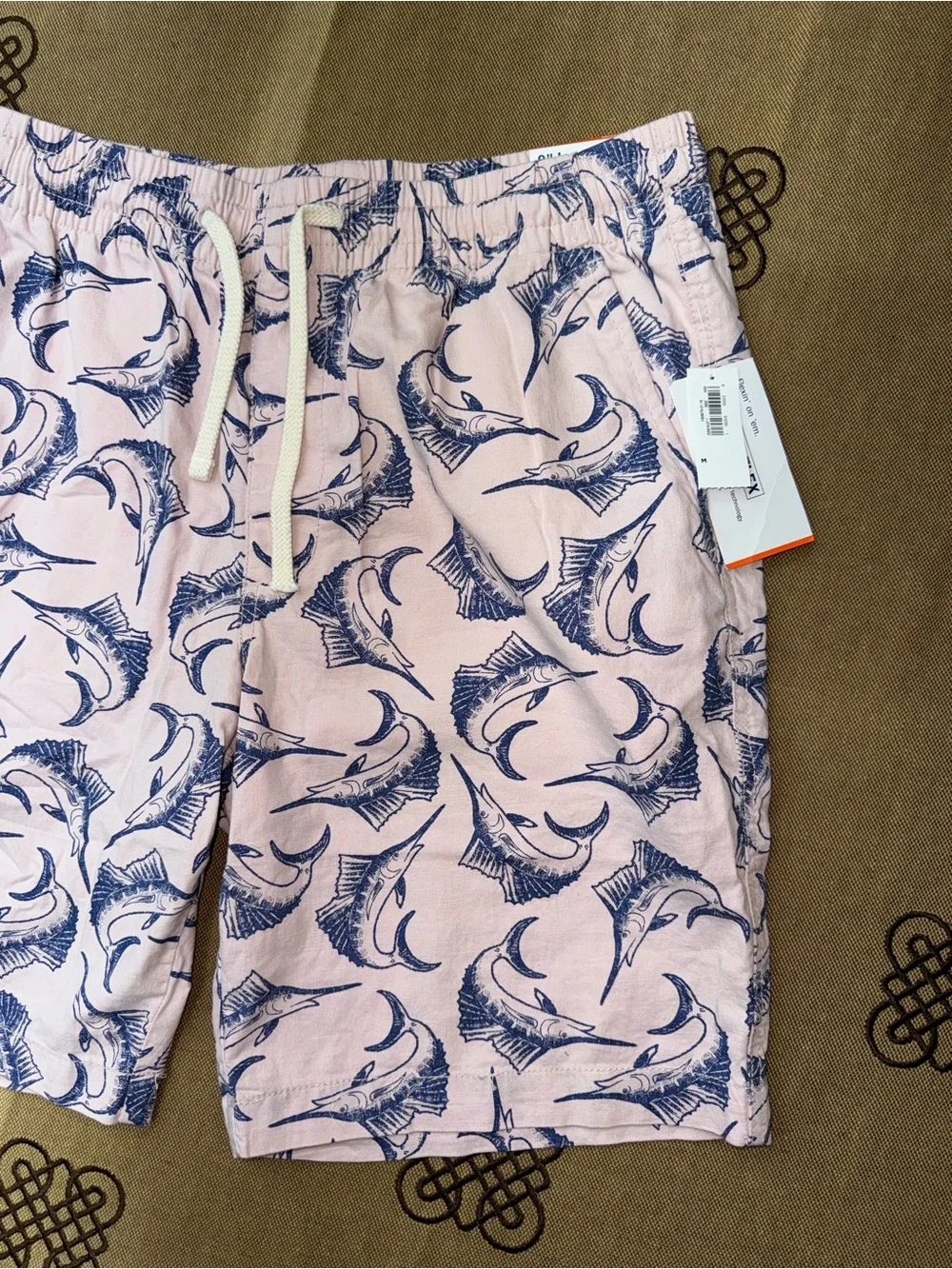 Old Navy NWT! Men'S Pink Marlin Fish Print Shorts Chino Elastic Waist Drawstring